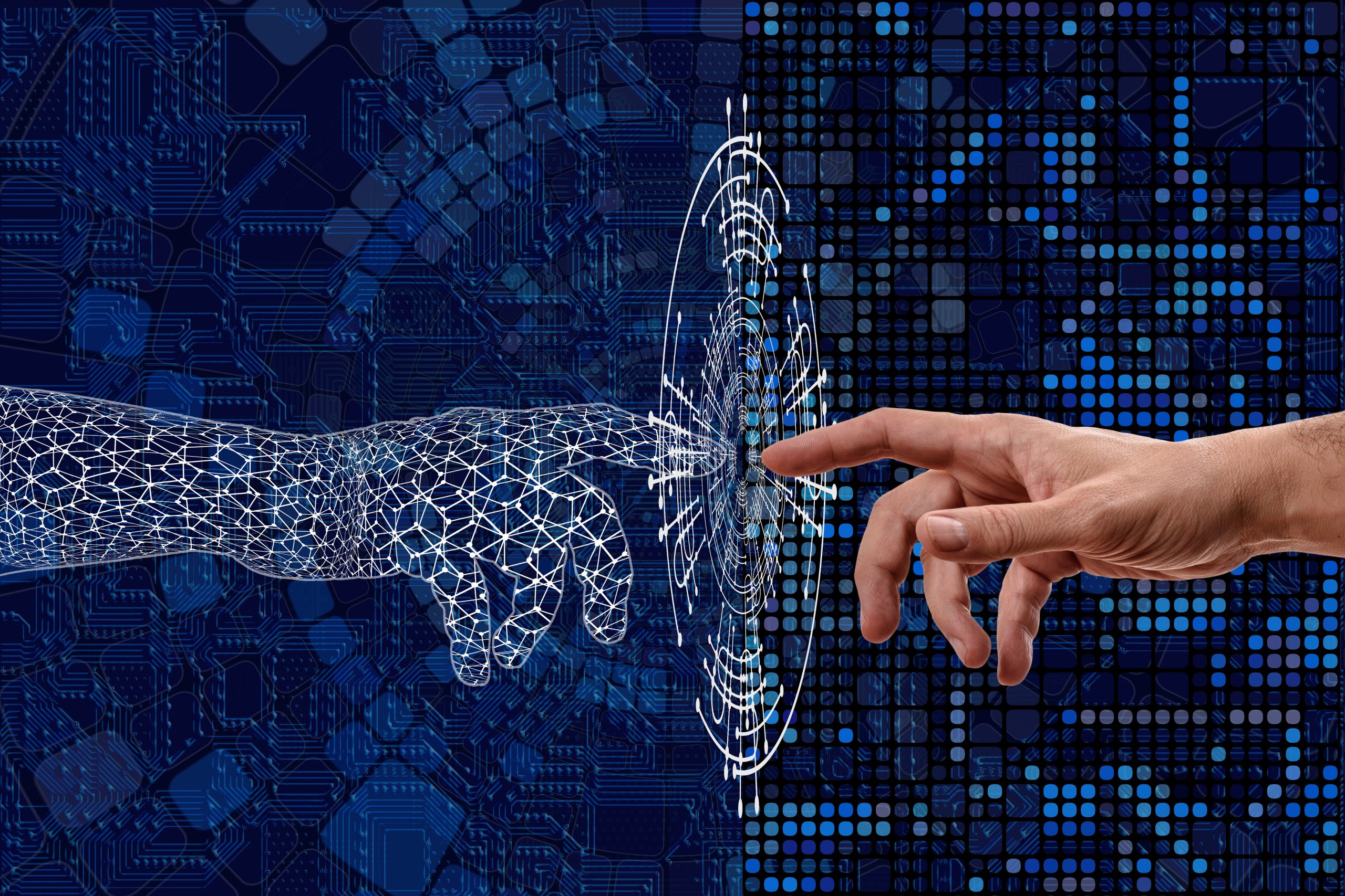 Eine menschliche Hand und eine digitale Hand berühren sich mit den Zeigefingern — Begegnung zwischen analoger Führung und digitaler Welt.